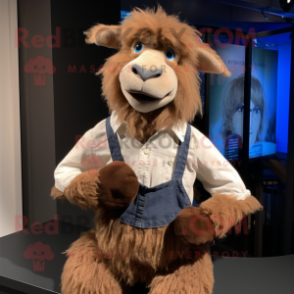 Brown Angora Goat mascot costume character dressed with a Henley Shirt and Suspenders