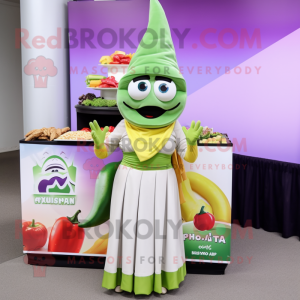 Olive Fajitas mascot costume character dressed with a Evening Gown and Beanies