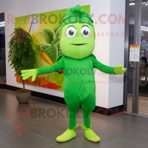 Lime Green Spinach mascot costume character dressed with a Bootcut Jeans and Beanies