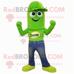 Lime Green Spinach mascot costume character dressed with a Bootcut Jeans and Beanies