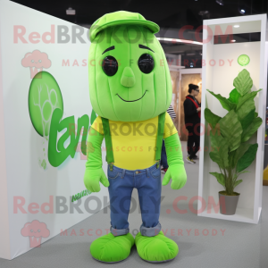 Lime Green Spinach mascot costume character dressed with a Bootcut Jeans and Beanies