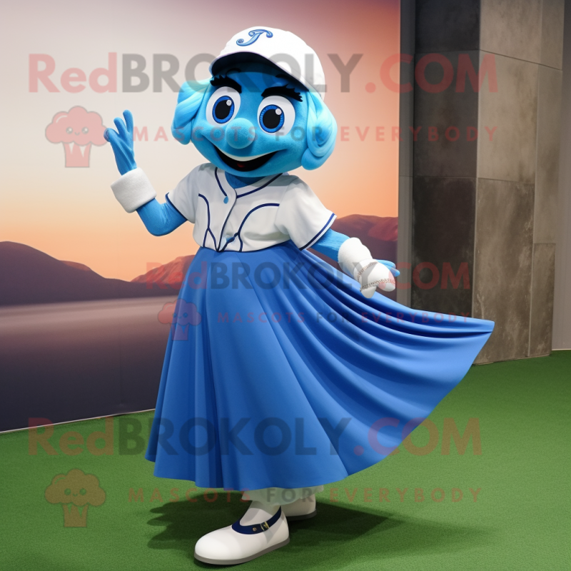 Blue Baseball Glove mascot costume character dressed with a Pleated Skirt and Shoe clips