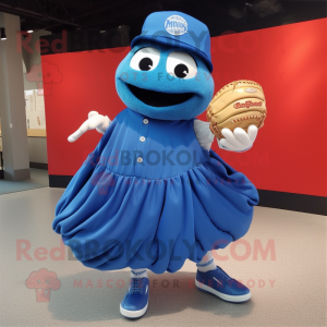 Blue Baseball Glove mascot costume character dressed with a Pleated Skirt and Shoe clips