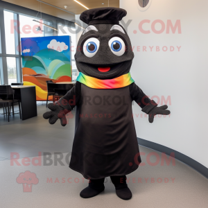 Black Fish Tacos mascot costume character dressed with a Dress Pants and Mittens
