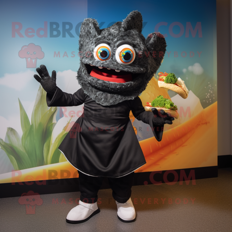 Black Fish Tacos mascot costume character dressed with a Dress Pants and Mittens Black Fish Tacos mascot costume character dressed with a Dress Pants and Mittens