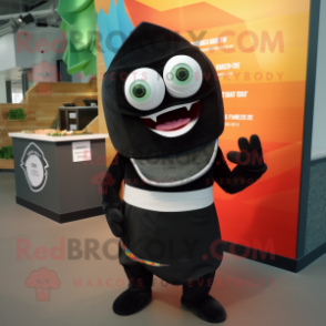 Black Fish Tacos mascot costume character dressed with a Dress Pants and Mittens