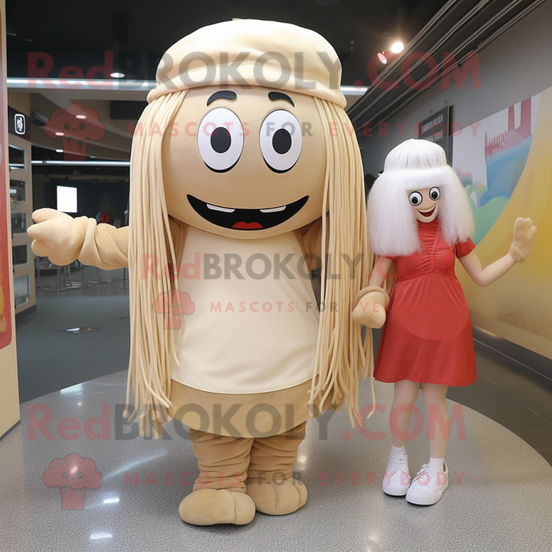 Beige Spaghetti mascot costume character dressed with a Mini Skirt and Beanies