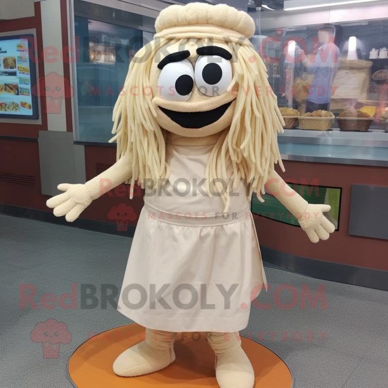 Beige Spaghetti mascot costume character dressed with a Mini Skirt and Beanies