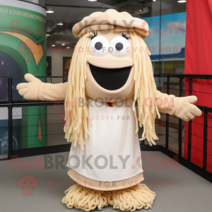 Beige Spaghetti mascot costume character dressed with a Mini Skirt and Beanies