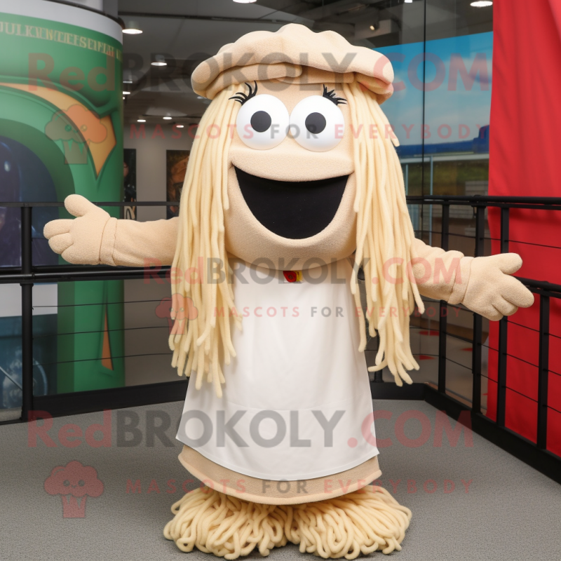 Beige Spaghetti mascot costume character dressed with a Mini Skirt and Beanies Beige Spaghetti mascot costume character dressed with a Mini Skirt and Beanies