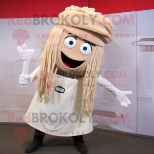 Beige Spaghetti mascot costume character dressed with a Mini Skirt and Beanies