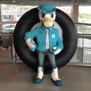 Cyan Horseshoe mascot costume character dressed with a Moto Jacket and Shoe clips