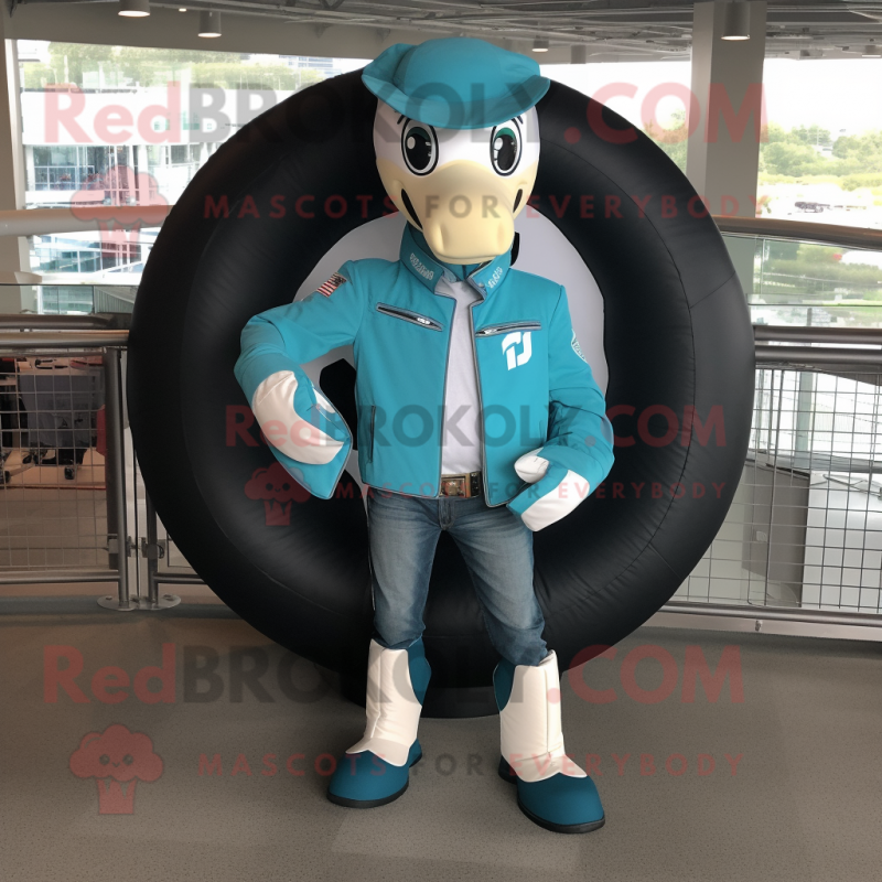 Cyan Horseshoe mascot costume character dressed with a Moto Jacket and Shoe clips Cyan Horseshoe mascot costume character dressed with a Moto Jacket and Shoe clips
