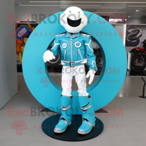 Cyan Horseshoe mascot costume character dressed with a Moto Jacket and Shoe clips