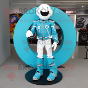 Cyan Horseshoe mascot costume character dressed with a Moto Jacket and Shoe clips