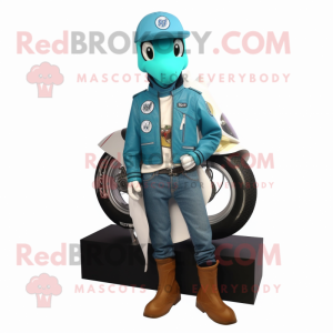 Cyan Horseshoe mascot costume character dressed with a Moto Jacket and Shoe clips