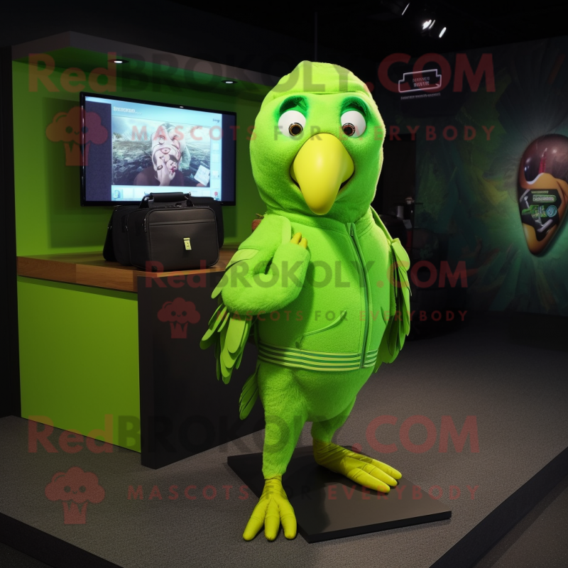 Lime Green Parrot mascot costume character dressed with a Sweatshirt and Messenger bags