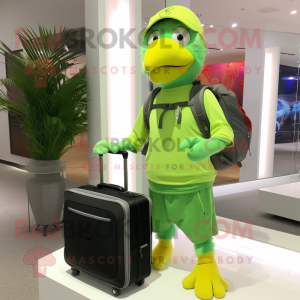 Lime Green Parrot mascot costume character dressed with a Sweatshirt and Messenger bags