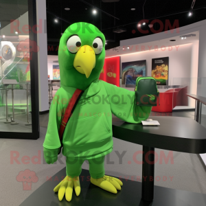 Lime Green Parrot mascot costume character dressed with a Sweatshirt and Messenger bags