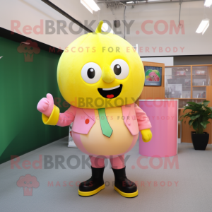 Lemon Yellow Pink mascot costume character dressed with a Suit and Gloves