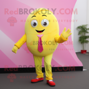 Lemon Yellow Pink mascot costume character dressed with a Suit and Gloves