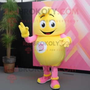 Lemon Yellow Pink mascot costume character dressed with a Suit and Gloves