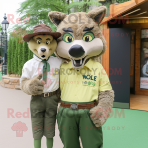 Olive Say Wolf mascot costume character dressed with a Oxford Shirt and Cummerbunds