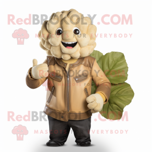 Tan Cauliflower mascot costume character dressed with a Leather Jacket and Wraps