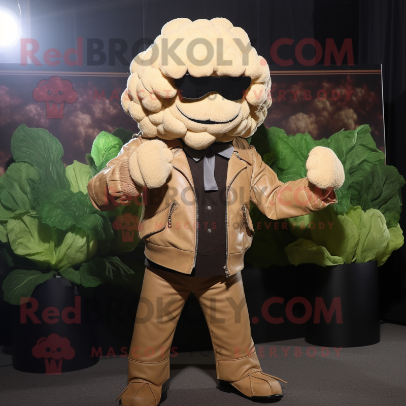 Tan Cauliflower mascot costume character dressed with a Leather Jacket and Wraps