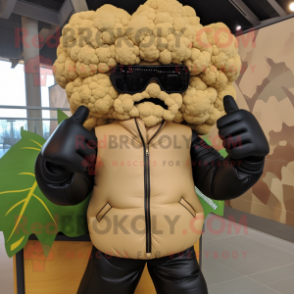Tan Cauliflower mascot costume character dressed with a Leather Jacket and Wraps