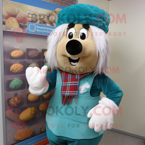 Turquoise Shepard'S Pie mascot costume character dressed with a Waistcoat and Beanies