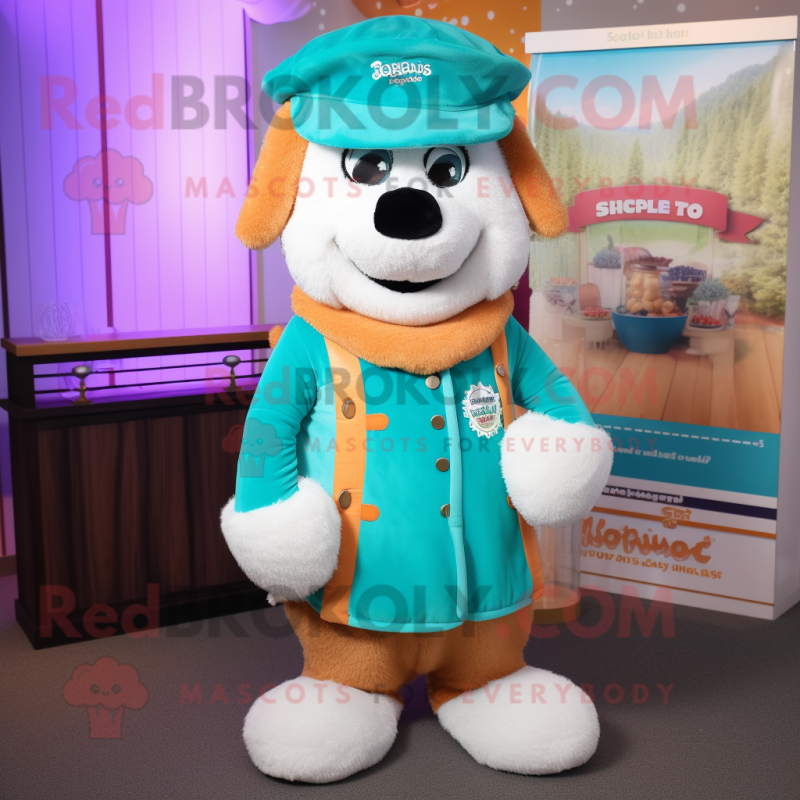 Turquoise Shepard'S Pie mascot costume character dressed with a Waistcoat and Beanies Turquoise Shepard'S Pie mascot costume character dressed with a Waistcoat and Beanies