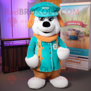 Turquoise Shepard'S Pie mascot costume character dressed with a Waistcoat and Beanies