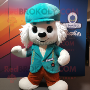 Turquoise Shepard'S Pie mascot costume character dressed with a Waistcoat and Beanies