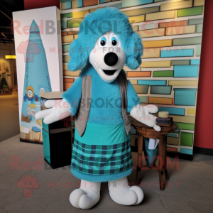Turquoise Shepard'S Pie mascot costume character dressed with a Waistcoat and Beanies