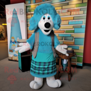 Turquoise Shepard'S Pie mascot costume character dressed with a Waistcoat and Beanies