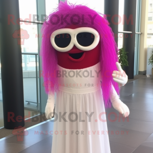 Magenta Spaghetti mascot costume character dressed with a Wedding Dress and Sunglasses