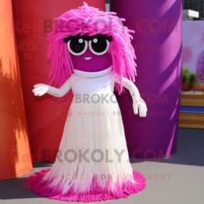 Magenta Spaghetti mascot costume character dressed with a Wedding Dress and Sunglasses