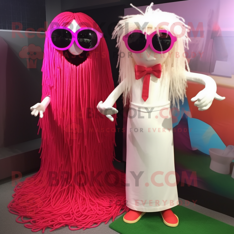 Magenta Spaghetti mascot costume character dressed with a Wedding Dress and Sunglasses