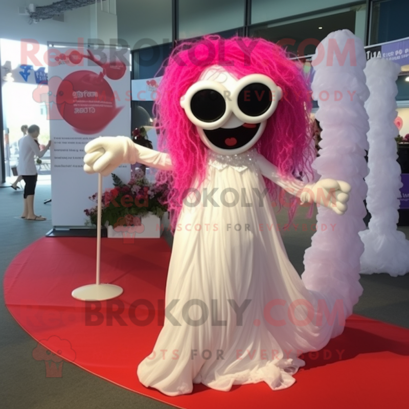 Magenta Spaghetti mascot costume character dressed with a Wedding Dress and Sunglasses