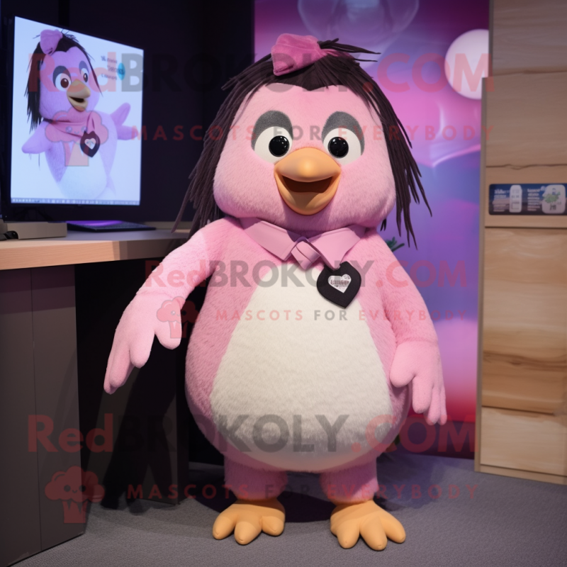 Pink Penguin mascot costume character dressed with a Vest and Hair clips