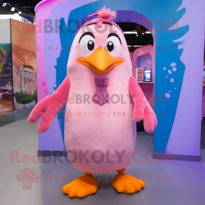 Pink Penguin mascot costume character dressed with a Vest and Hair clips