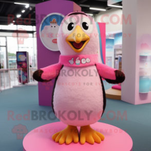 Pink Penguin mascot costume character dressed with a Vest and Hair clips
