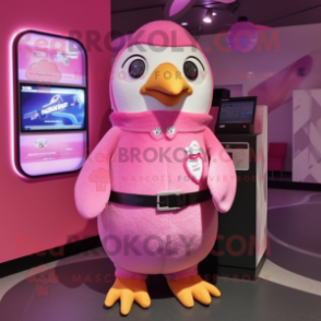 Pink Penguin mascot costume character dressed with a Vest and Hair clips