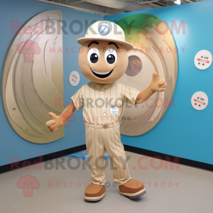 Tan Plate Spinner mascot costume character dressed with a Baseball Tee and Tie pins