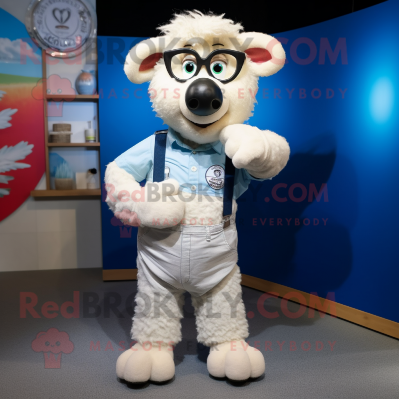 White Merino Sheep mascot costume character dressed with a Mom Jeans and Cufflinks White Merino Sheep mascot costume character dressed with a Mom Jeans and Cufflinks