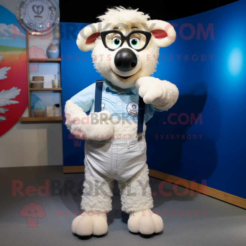 White Merino Sheep mascot costume character dressed with a Mom Jeans and Cufflinks