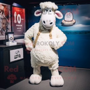 White Merino Sheep mascot costume character dressed with a Mom Jeans and Cufflinks