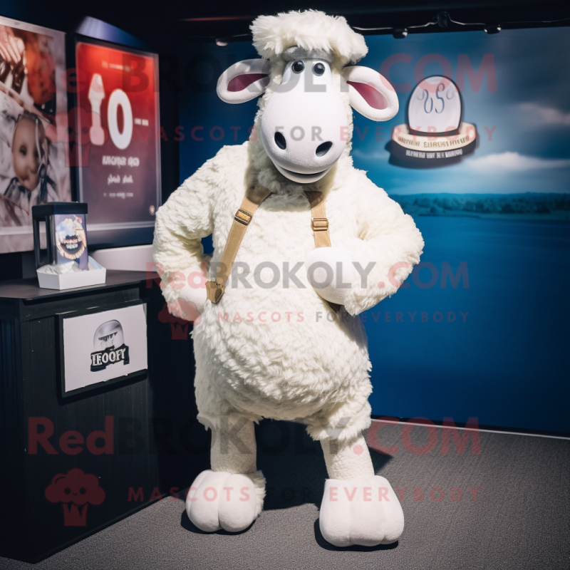 White Merino Sheep mascot costume character dressed with a Mom Jeans and Cufflinks White Merino Sheep mascot costume character dressed with a Mom Jeans and Cufflinks