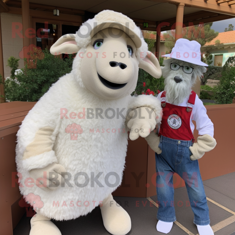 White Merino Sheep mascot costume character dressed with a Mom Jeans and Cufflinks White Merino Sheep mascot costume character dressed with a Mom Jeans and Cufflinks